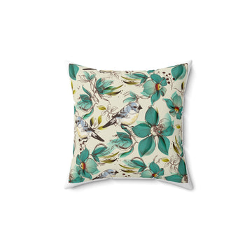 Floral Bird Decorative Pillow – Teal Garden Accent Cushion